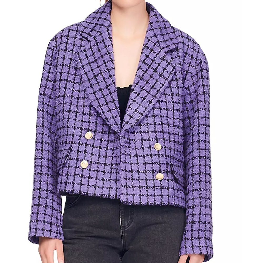 Sandro Simona double-breasted tweed crop purple blazer size 34